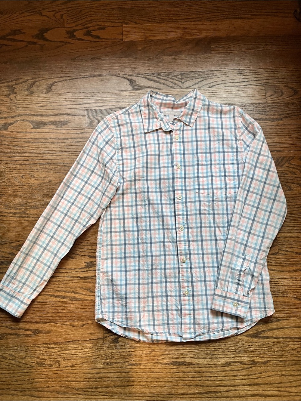 Nordstrom Light Blue and Peach Plaid Button-Down Shirt